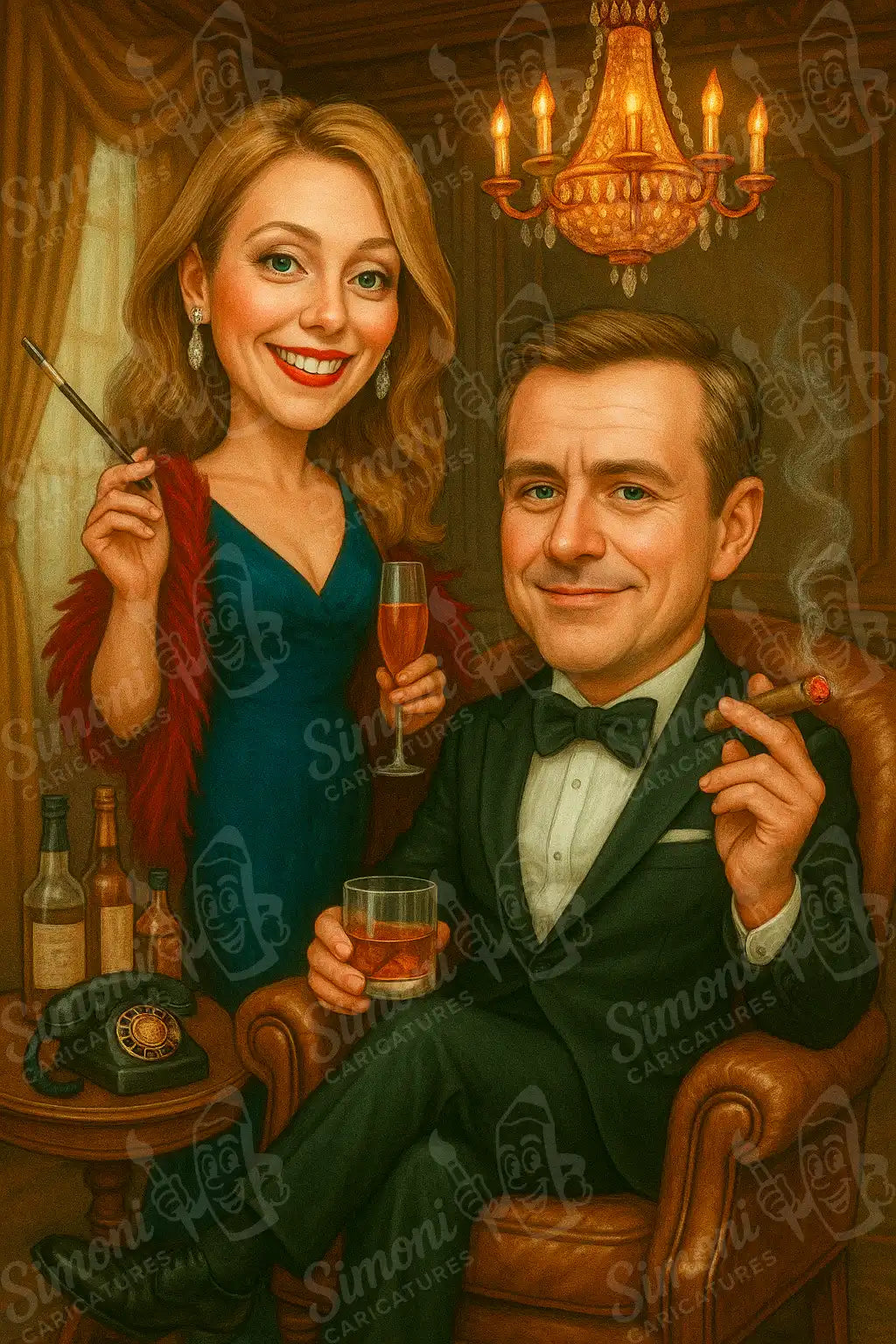 Карикатура на двойка в ретро стил с напитки и пури в луксозен интериор от Simoni Caricatures